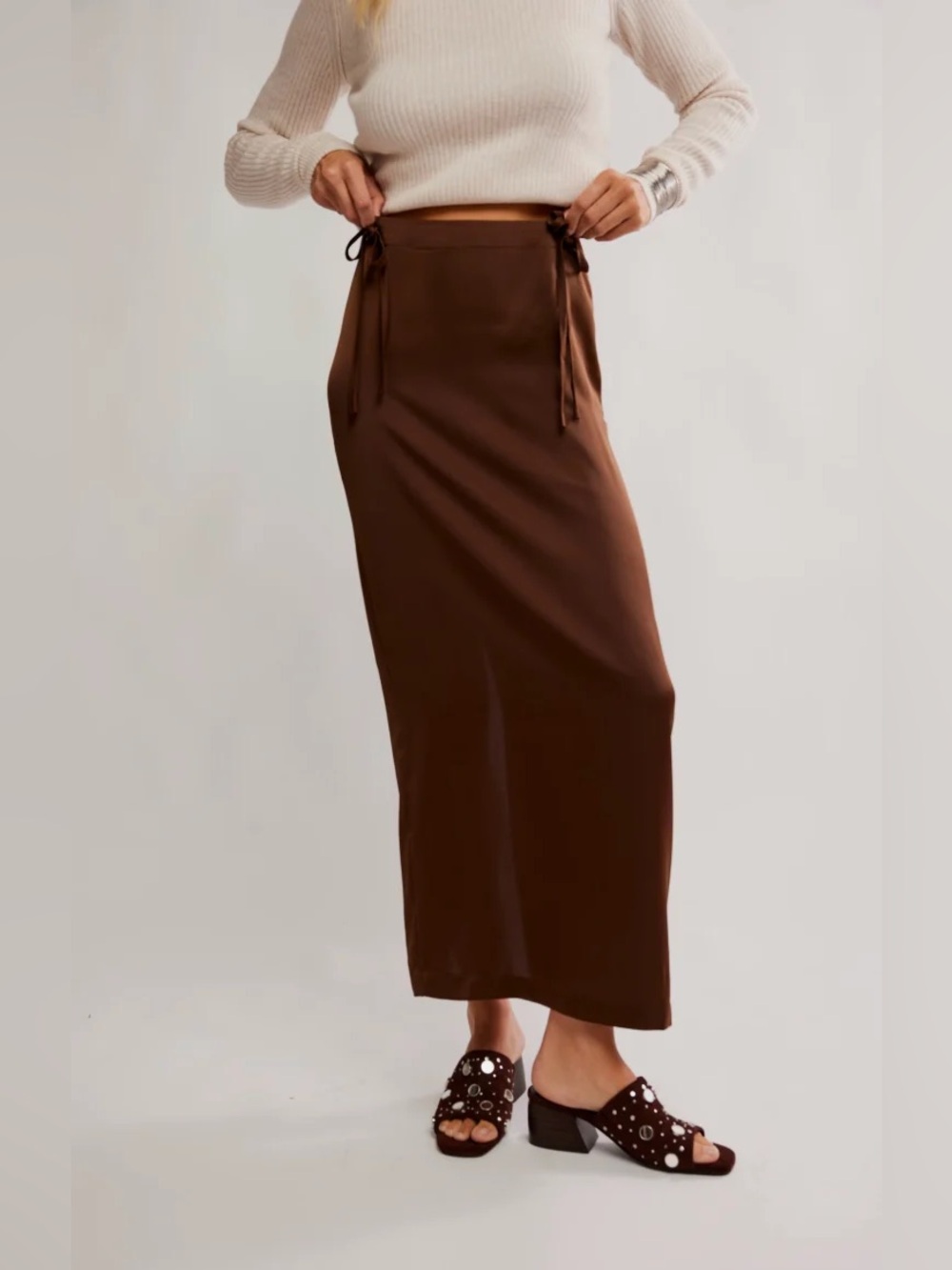 Free People • NWT $ Think Bubbles skirt Brown Satin Tie-Detail Maxi Skirt - Picture 2 of 7